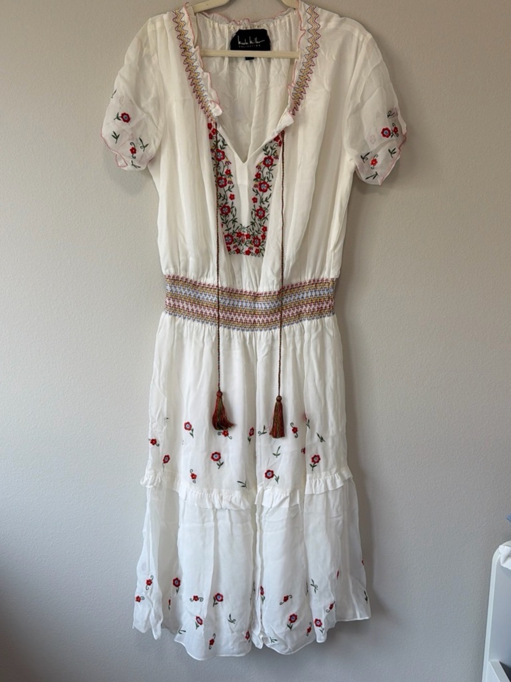Nicole Miller White Midi Dress with Red & Green Embroidery